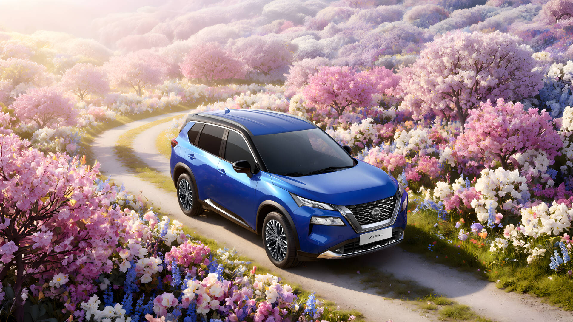 Nissan x-trail ziedu pļavā
